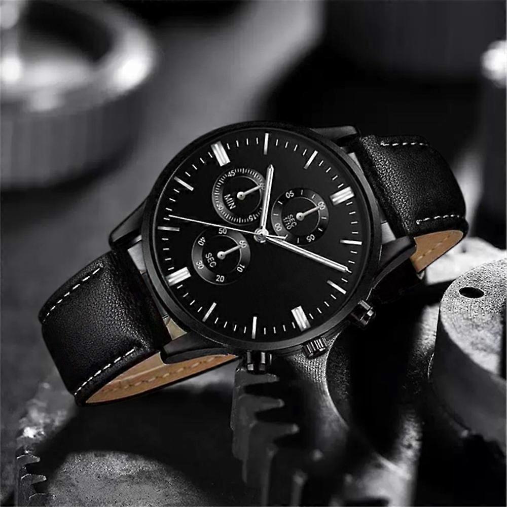 Mens Watch Ultra Thin Black & Silver Business Watch Leather Strap Quartz