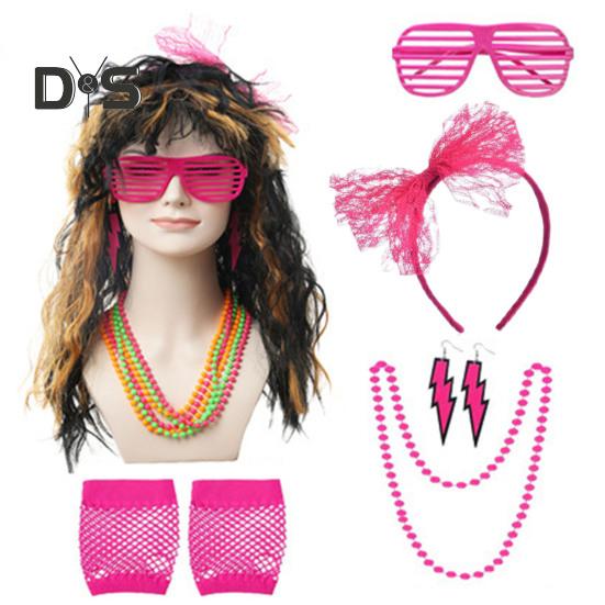80s Neon Costume Accessories Set Knitted Leg Warmers Headband Gloves Earrings Bracelet Beaded Necklace Set Fancy Party Accessories