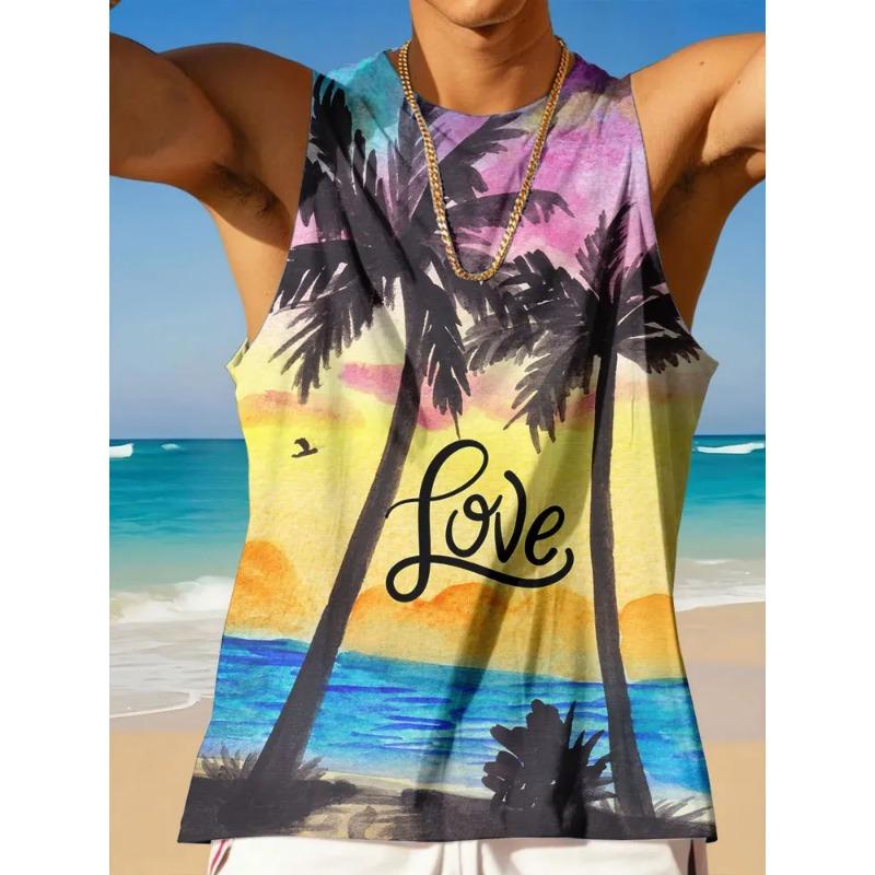 Summer Round Neck 3D Palm Leaf Printed Top Fashionable Casual Hawaiian Beach Sleeveless Vest Men's T-shirts