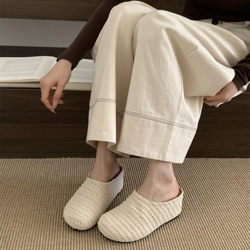 Niche Casual Hand-woven Hollow Breathable Bag Head Half Slippers Women's Autumn Wear Roman Style Thick-soled Muller Shoes