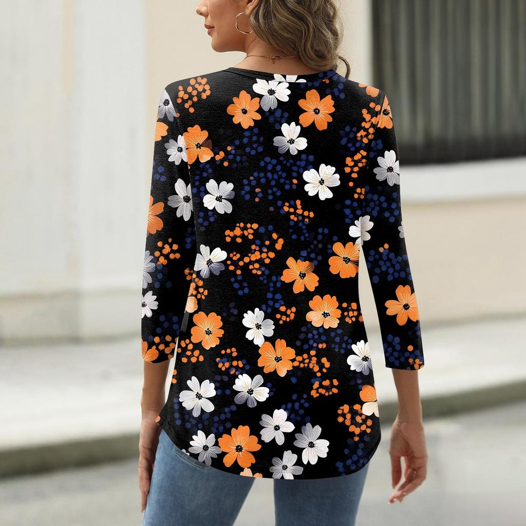 Dámské tričko s potiskem, knoflíky, 3/4 rukávy, pro každý den, na víkend, módní, základní, s výstřihem do V, běžný top