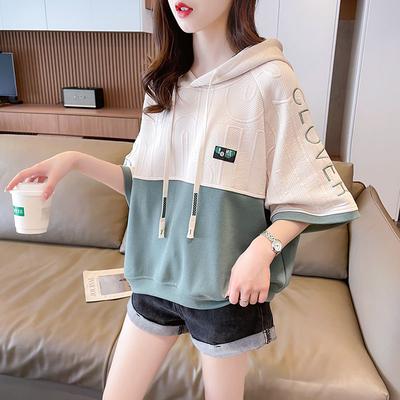 Kadın Kısa Kollu Kapüşonlu Hoodie Büyük Beden Yama İşi Tişörtler Kore Tarzı Bol Kesim Üstler Oversize Sweatshirt
