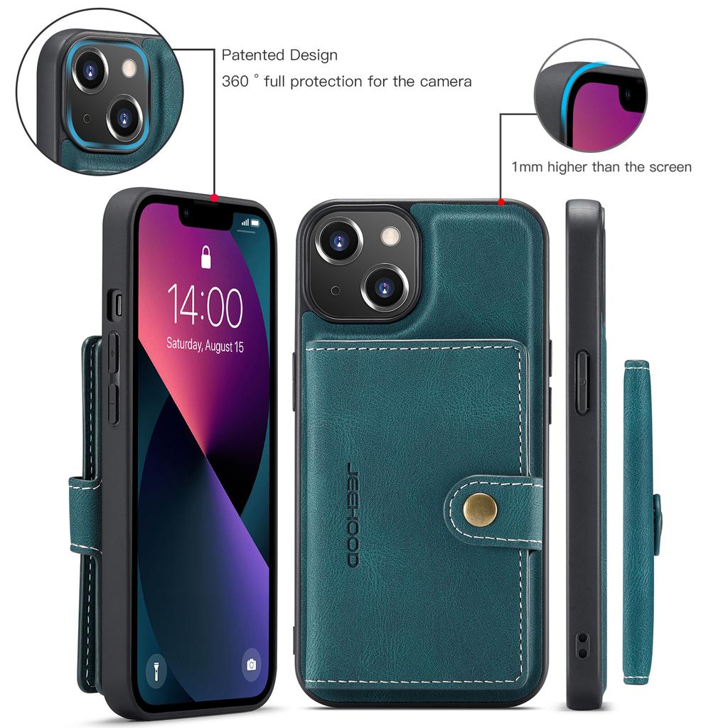 For iPhone 13 mini 5.4 inch Case JEEHOOD J01 Retro Leather Phone Back Cover with Detachable Magnetic Card Holder