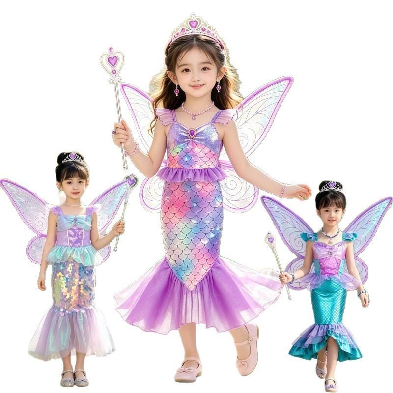 Little Girls Mermaid Sequin Wing Dress Princess Gown Stage Performance Costume