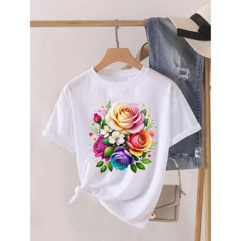 Krótki Rękaw Damski Nadruk Letnia Koszulka Modne Ubrania Koszulki Graficzne Kwiaty Akwarelowe Urocze Ubrania Damska Codzienna Koszulka