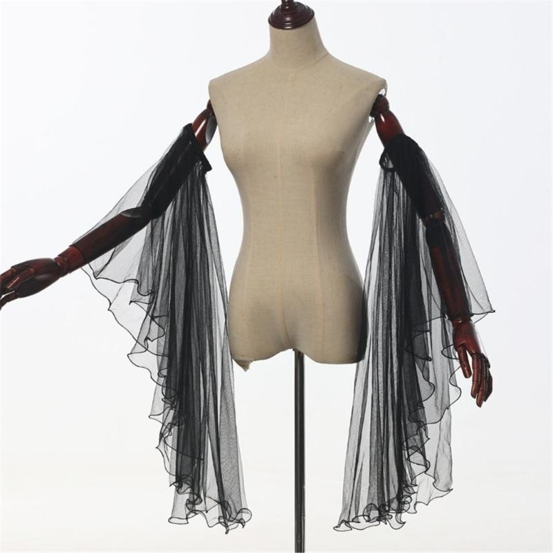 Luvas Longas de Tule Vitorianas Femininas Góticas Preto/Branco Chiffon Mangas Removíveis Vampiros Bruxa Fantasia Cosplay Presentes