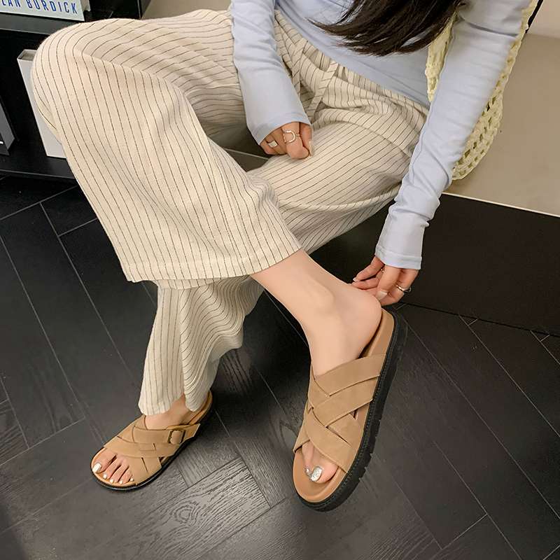 Krazing Pot Cow Suede Nubuck Summer Size 40 Outside Slippers Flat Platform Flip Flops Low Heels Women Peep Toe Sandals