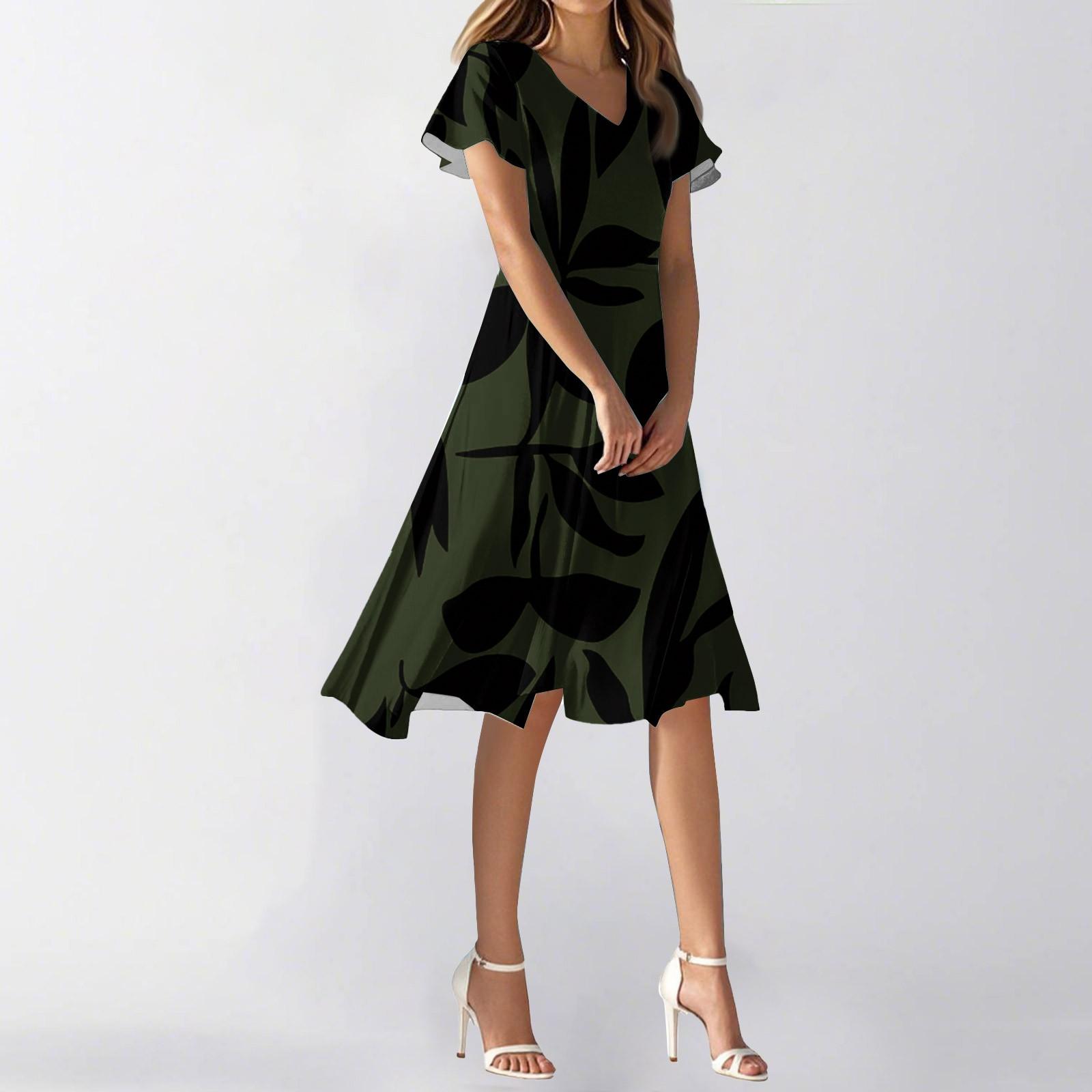 Women s Summer Casual Fashion Flower Print Dress V Neck Short Sleeve Short Skirt L