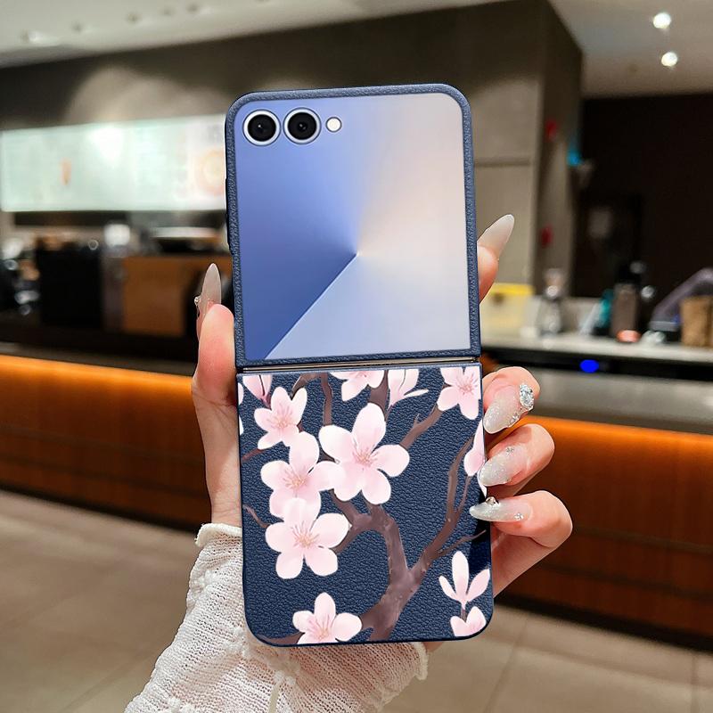 Z Flip 7 Case Hand-drawn Style Sakura Pattern Leather Texture Folding Fhone Cover For Samsung Galaxy Z Flip 7 6 5 4 Flip7 Flip6 Flip5