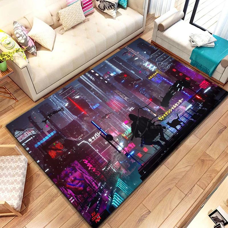 Cyberpunk urban nightscape printed carpet, living room bedroom home decoration carpet, bathroom anti-skid rugs for bedroom