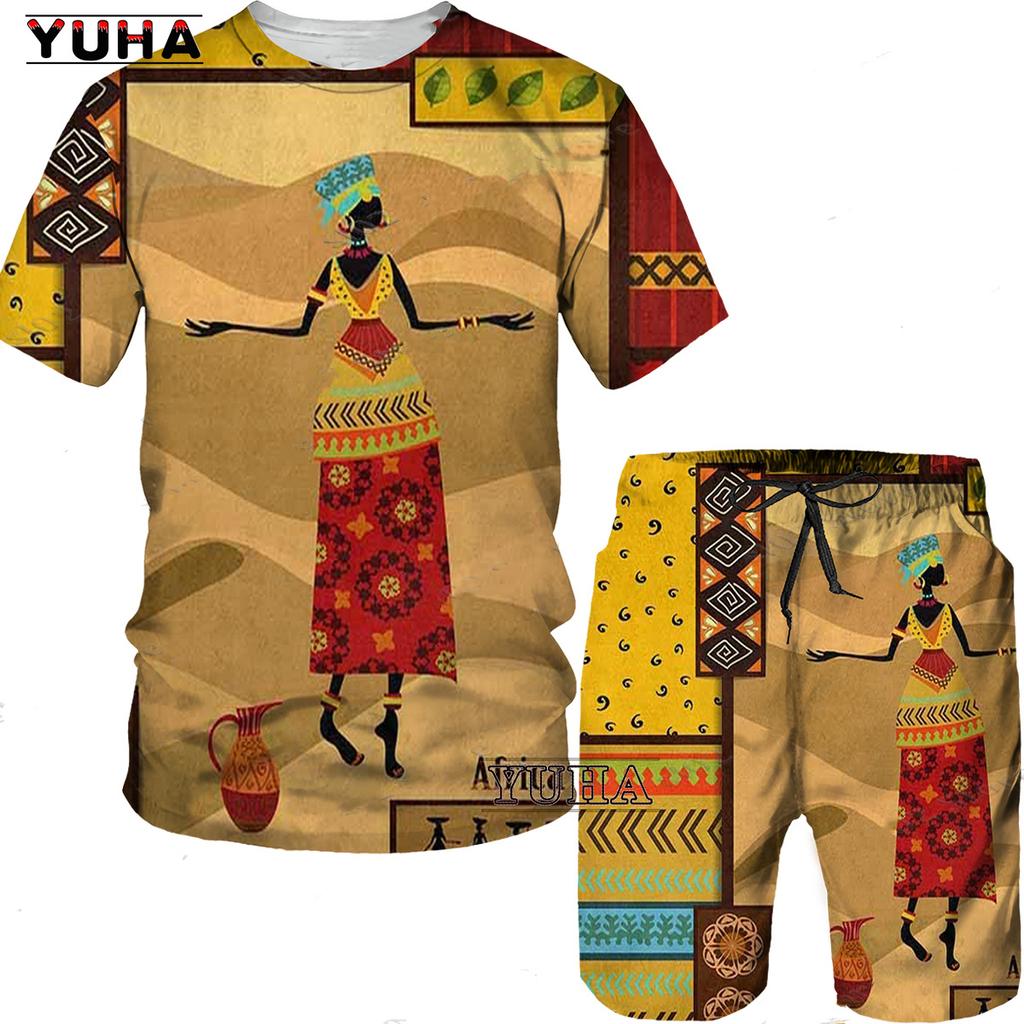 YUHA,Short Sleeve Plus Size Men Retro Ethnic Print Tracksuit Couple Dashiki Clothes Summer African Men's T Shirt Shorts Two Piec