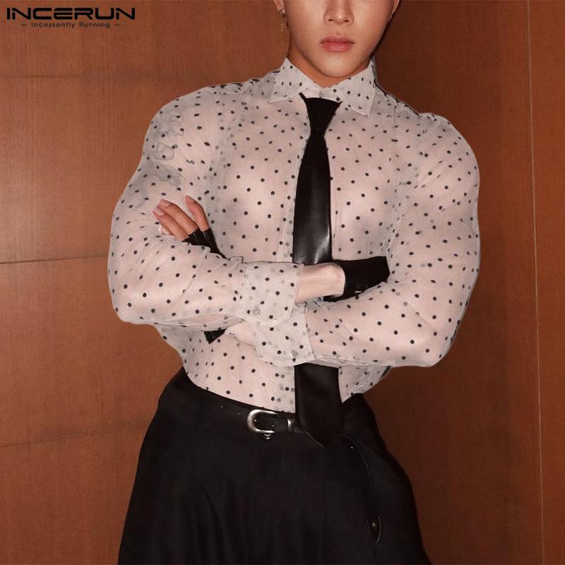 INCERUN Men Lapel Neck Long Sleeve Mesh Sheer Polka Dots Shirts