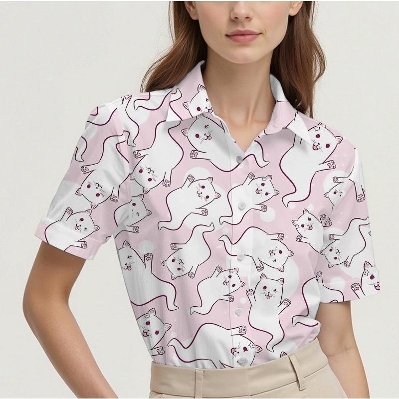 Short-sleeved Summer Shirt for Women with Cat Pattern Design, Breathable and Suitable for Everyday Wear, Fashionable and Casual