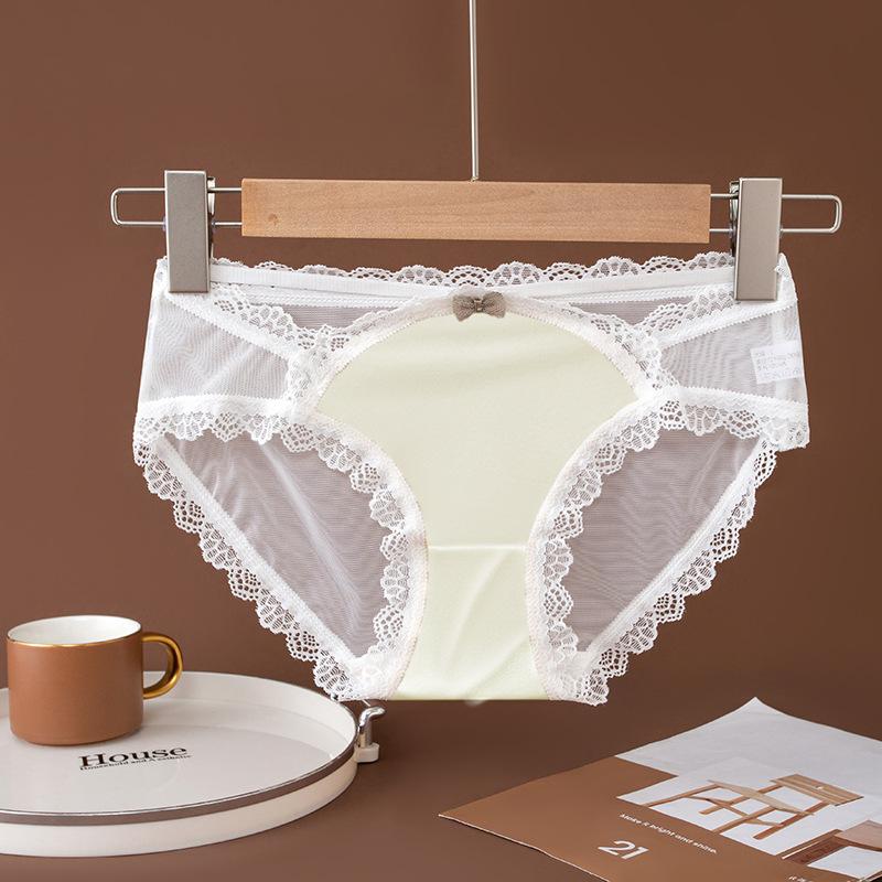 Summer High Stretch Mesh Underwear Thin Breathable Briefs Pure Semi Transparent Lace Bow Panties