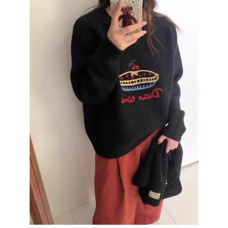 

Autumn and winter jacquard loose fashion round neck pullover knitted sweater female cartoon contrasting color age-reducing casual sweater One size