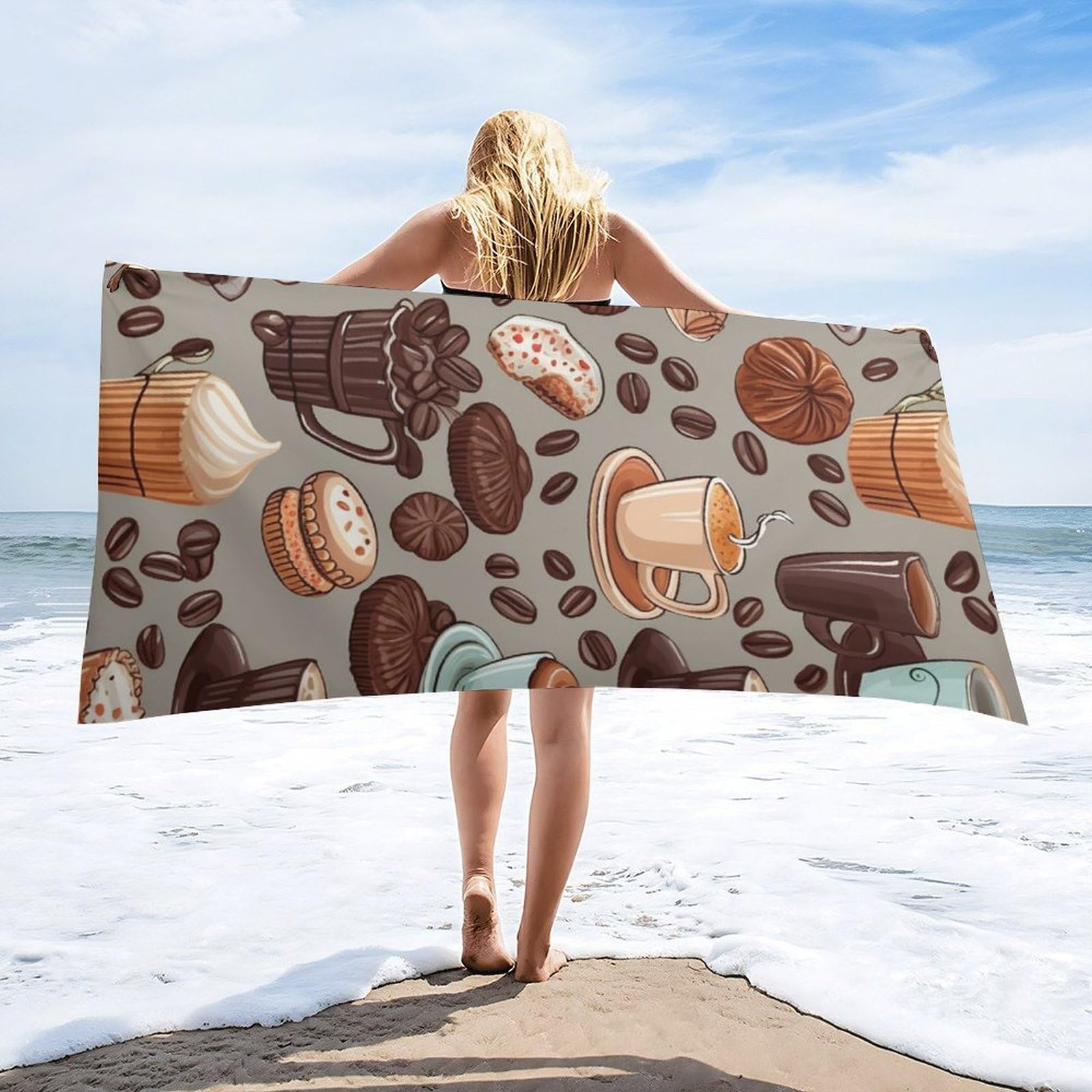 

Delicious Coffee Print Comfort Beach Towel for Your Companion Friend Gifts, Microfiber Quick Dry Camping Swim Pool Bath Towels W30*H60(CM)