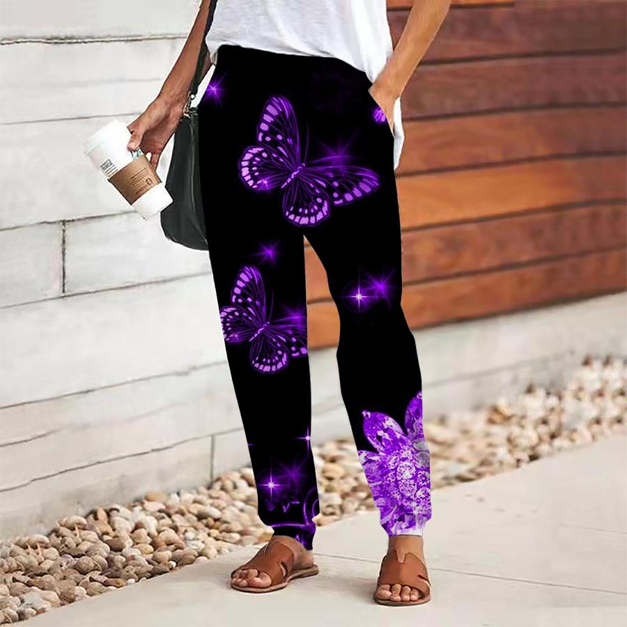 Women Butterfly Printing Pants Lace Up Elastic Waist Loose  Trousers Casual Long Pants Trousers with Pockets