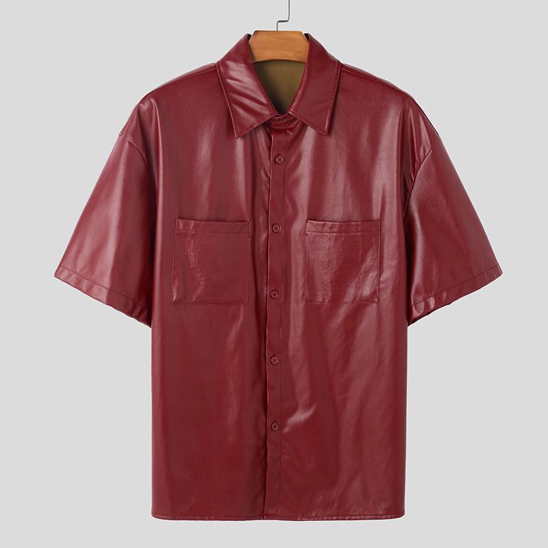 

INCERUN Мужские топы рубашки с лацканами, с короткими рукавами и застежкой на пуговицы из ПУ кожи 3XL вино красного