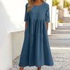 O-Neck Half Sleeve High Waist Pockets Casual Dress Women Pleated Flowy Hem Solid Midi Dress