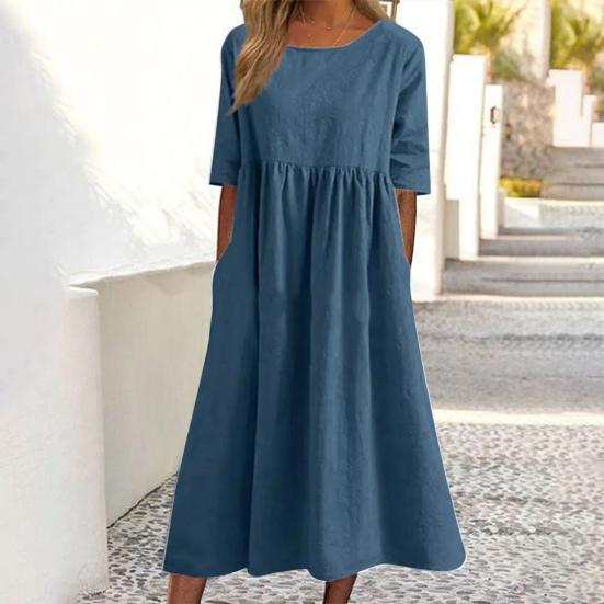 O-Neck Half Sleeve High Waist Pockets Casual Dress Women Pleated Flowy Hem Solid Midi Dress