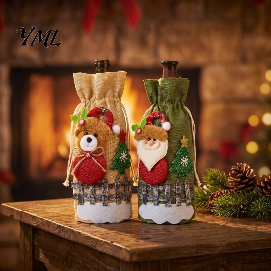 Decorative Wine Bottle Holders Christmas Cover, Santa Claus/Snowman/Elk/Bear Gift Bag with Sticker Decals, Holiday Winter Home Accents Party