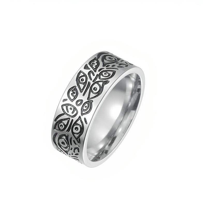 Men's Titanium Steel Punk Ring with Geometric Carving, Blackened for Couples - European & American Style.