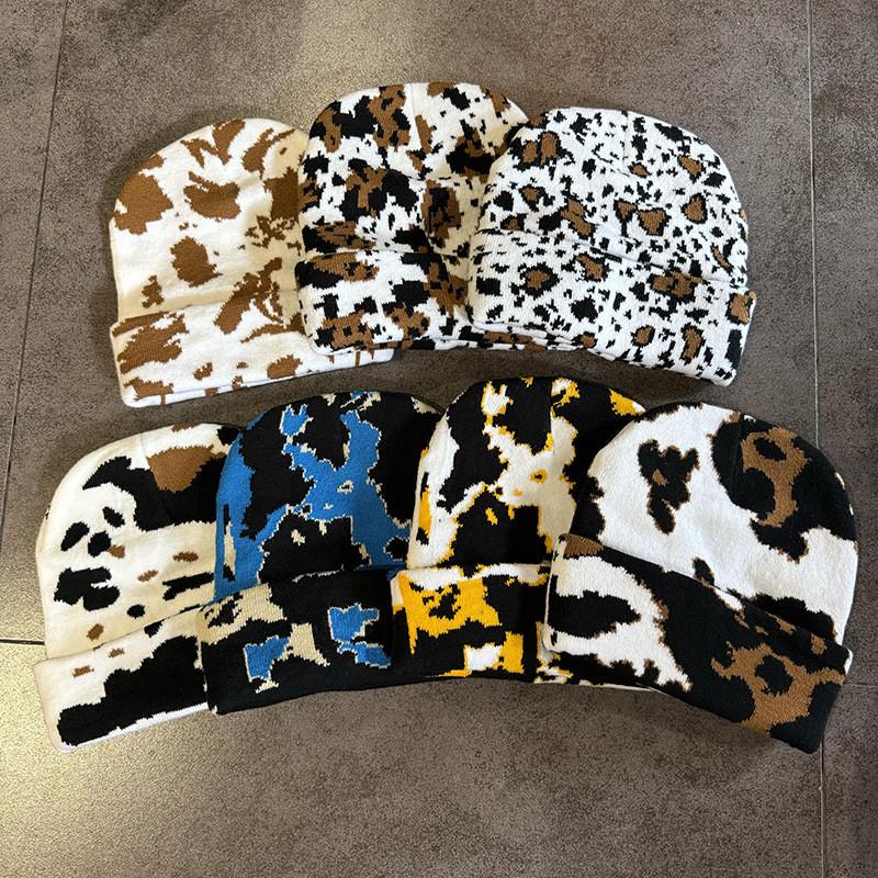 Cow Pattern Knit Cap For Winter Fashion Unisex Cozy Autumn Headwear