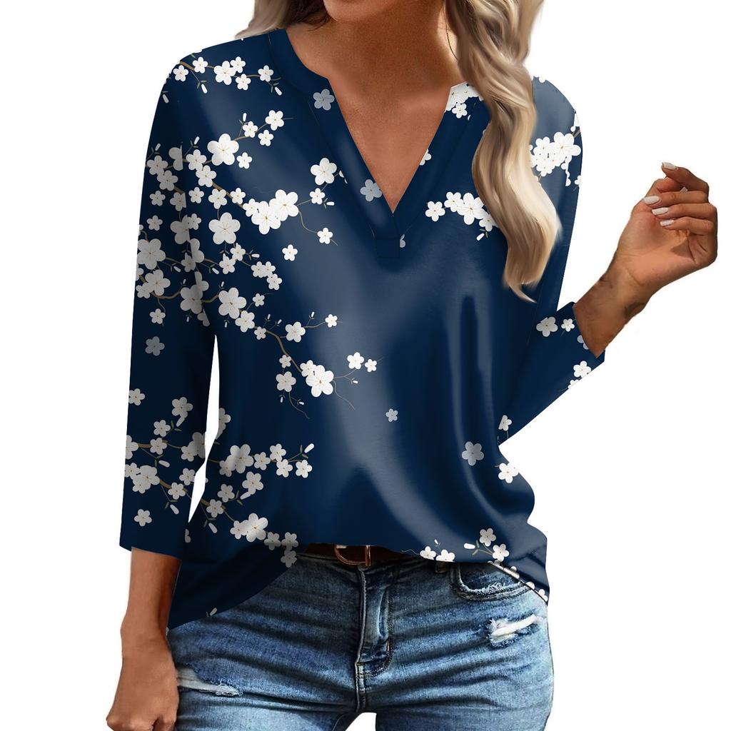 Women's Fashionable And Casual Floral Print V Neck 3/4 Sleeve T Shirt Top Basic V Neck Regular Top