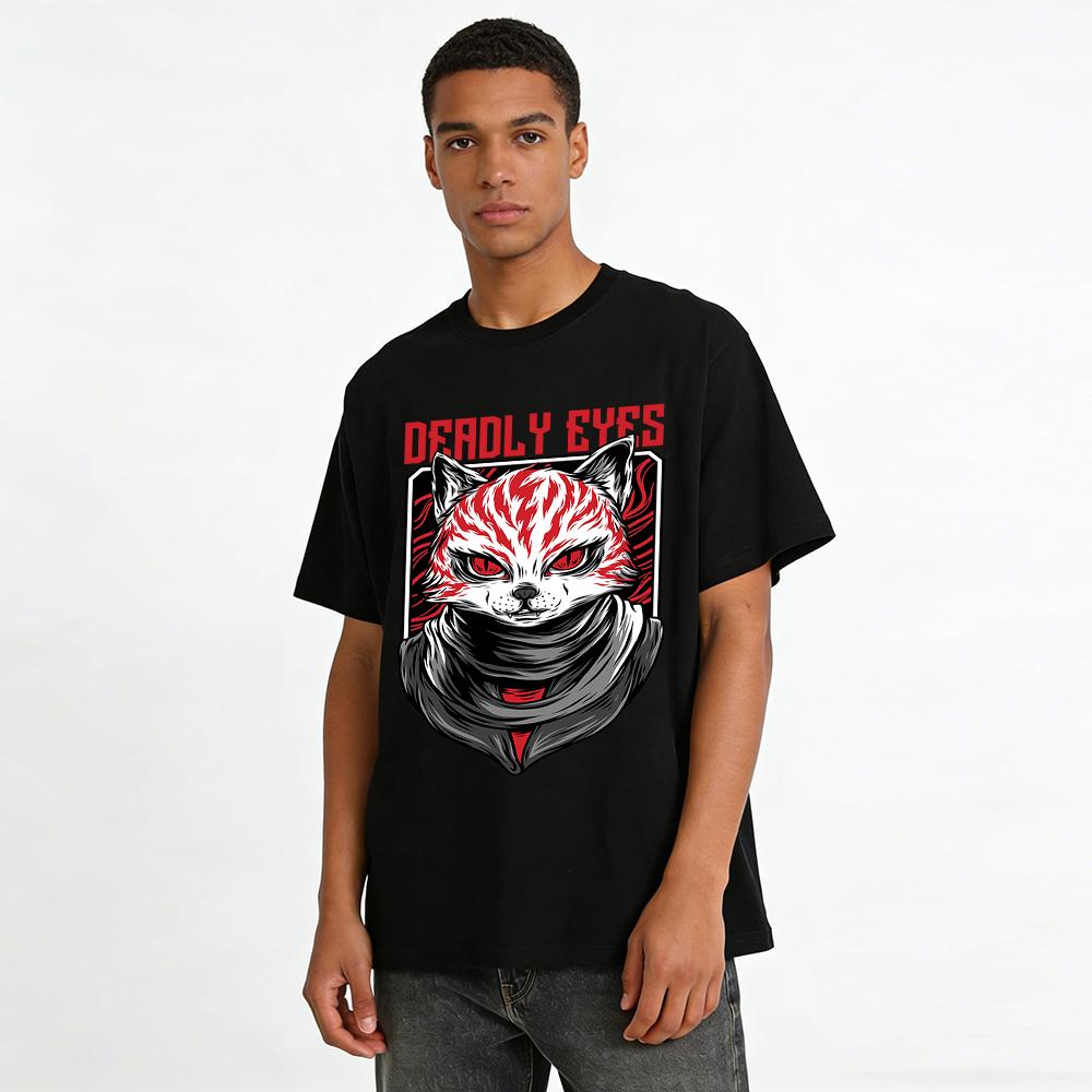 Deadly Eyes Red-Eyed Cat Graphic Trendy Streetwear Casual Top Pure cotton T-shirt