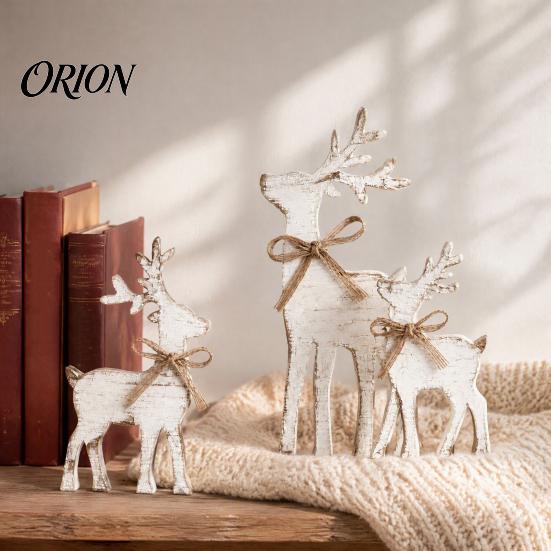 Christmas Elk Tabletop Decor 3Pcs/Set Wooden Table Sign, Rustic Reindeer Family Decoration, Decorative Sign Jute Rope Bow Centerpiece for Xmas Holiday