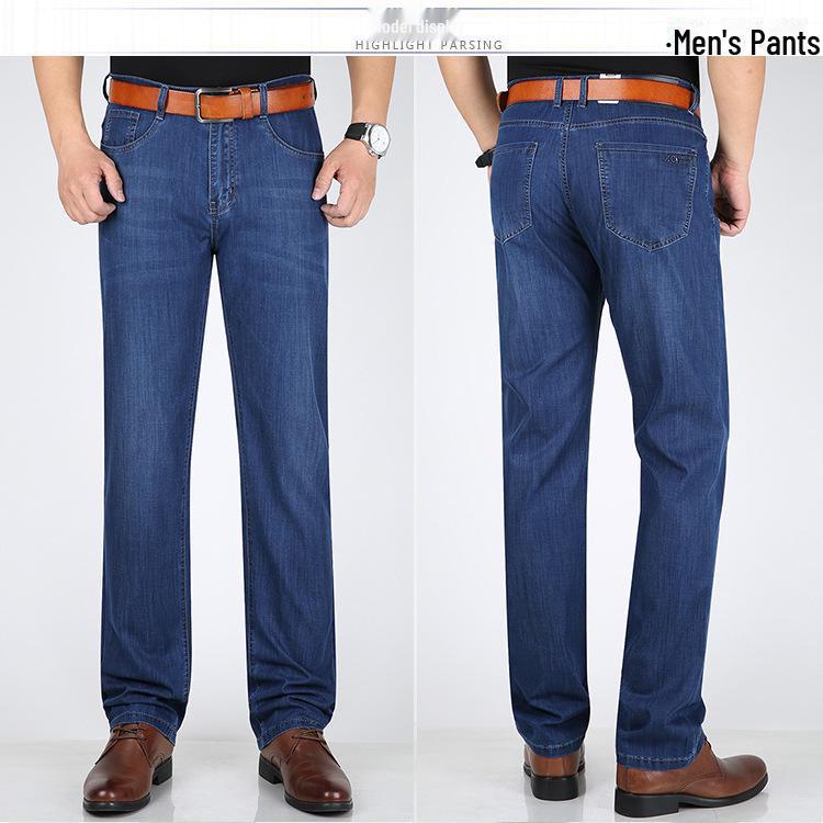 Men's High-Quality Cotton Elastic Waist Straight-Leg Jeans for Summer - Business Casual Solid Color Pants
