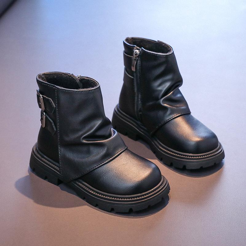Children New Leather Boots Solid Color Girls Boots for Winter Thick Bottom Plush Fashion Patchwork Versatile Kids Cotton Boots