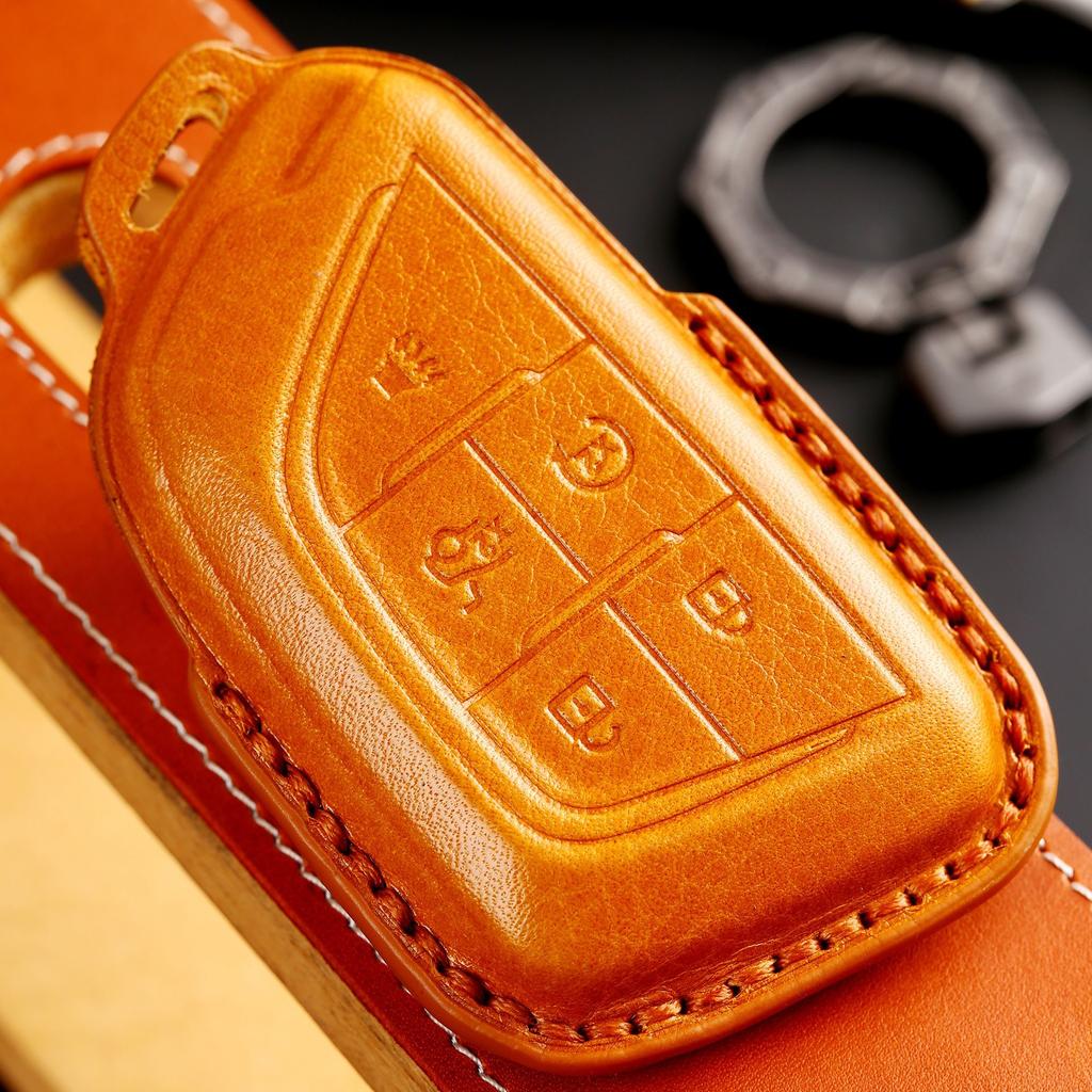 5 Bottons Leather Car Key Fob Case Cover Shell For Cadillac Ct4 Ct4-V Ct5 C8 Corvette Lyriq Keychain Accessories