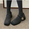 Fashion Spring Autumn Women's Luxury Party Shoes Medium Heel Retro Square Toe Velvet Mary Jane Shoes Flat Square Buckle Single Loafers
