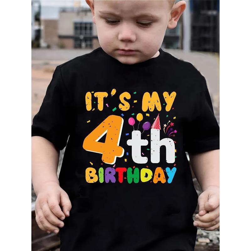

European sizes Children Boy s 4th Birthday T-Shirt- Soft Round Neck Short Sleeve, Fun Balloon and Ribbon Print This is My 4th Birthday Letter Design 164cm чорний