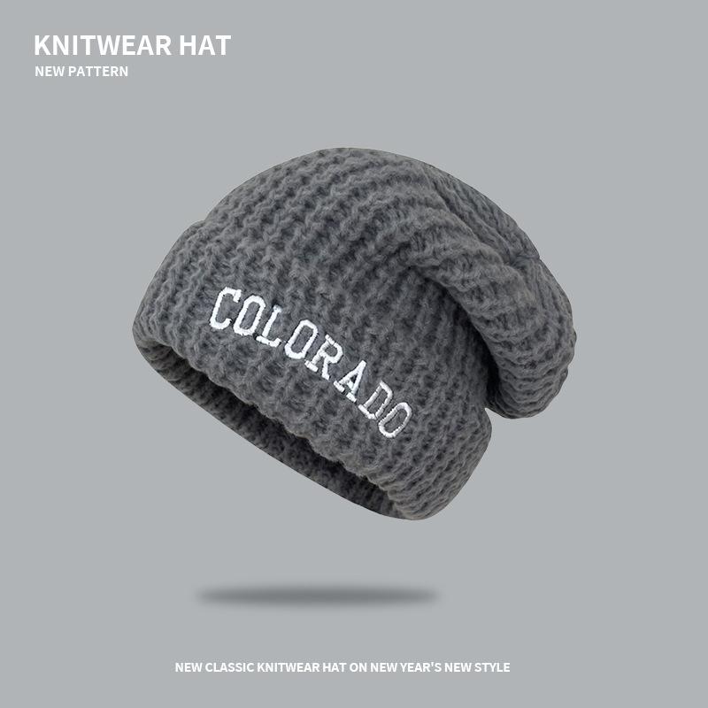 

Gray wool hat women s autumn and winter versatile big head circumference knitted hat showing face small pile hat loose hat tide M（56-58cm）