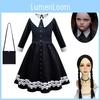 Vestido Wednesday Addams Bolsa Peruca Fantasia Cosplay Meninas Festa de Natal