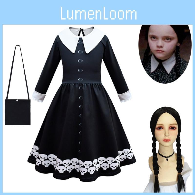 Vestido Wednesday Addams Bolsa Peruca Fantasia Cosplay Meninas Festa de Natal