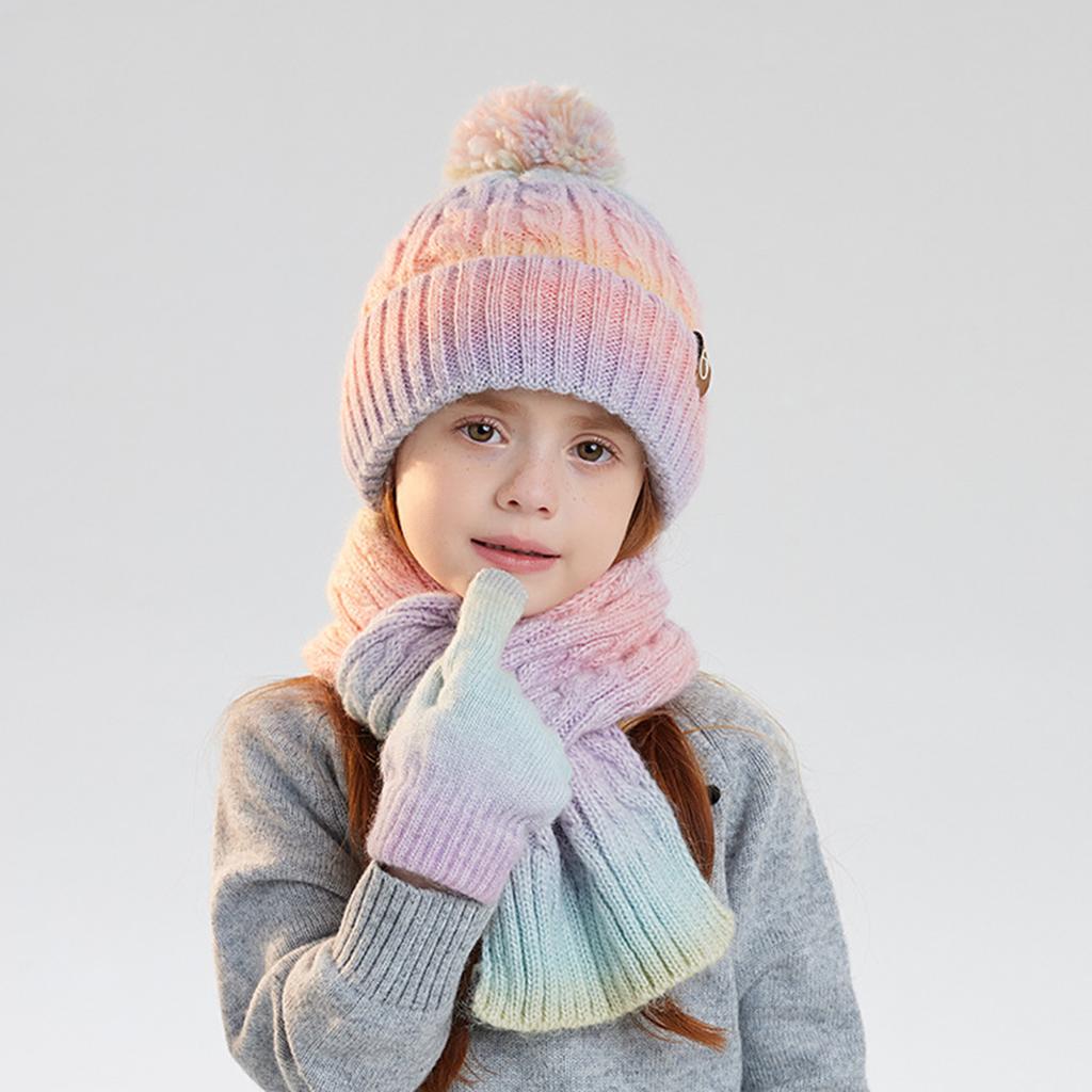 Children's Hat, Scarf And Gloves Three-piece Set: Winter Outdoor Fleece-lined Warm Ear-protecting Pom-pom Pullover Knitted Wool Hat