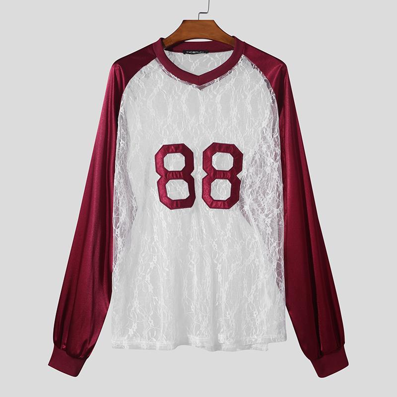 

INCERUN Мужские футболки с длинным рукавом из атласного кружева в стиле пэчворк с буквенным принтом и прозрачными топами 3XL красный