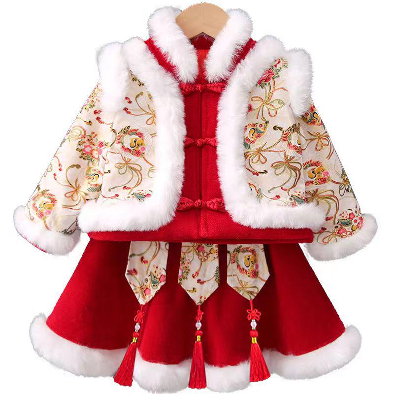 Winter-Hanfu für Mädchen: Samtgefütterter Tang-Anzug für Geburtstage & Neujahrsfeiern, Formelle Kleidung zum ersten Geburtstag, Chinesischer Stil.