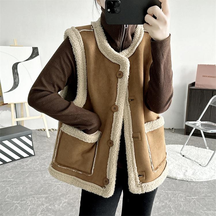 Doppelseitige Weste Damen Vintage Schaffell Pelzweste Wendeweste Herbst Winter Braune Weste