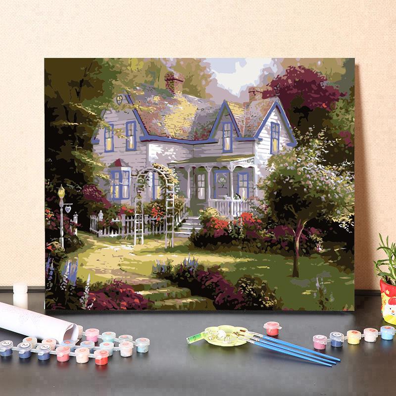 

DZ-6029 Цифровая картина маслом Акварель Ручная роспись Пейзаж Лесная вилла Картина Цифровой комплект Украшение гостиной Картина Рождественский подарок