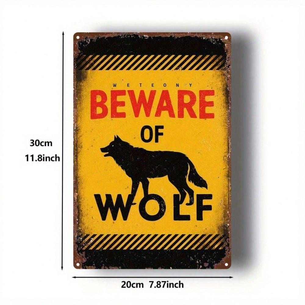 Vibrant Yellow Wolf Warning Sign, Black Outline Wall Art, 8x12 Inch, Easy Mounting, Tin Decor