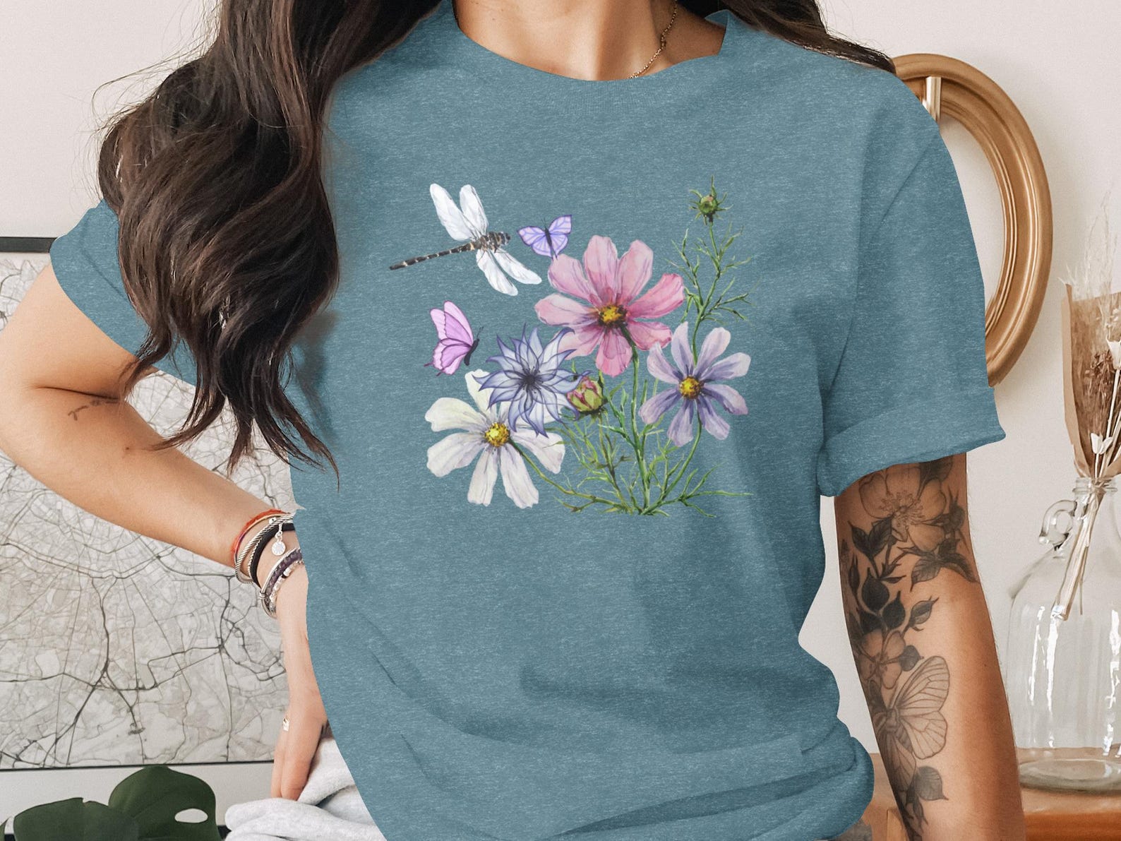 Watercolor Cosmos Flowers T-Shirt, Botanical Butterfly Dragonfly Tee S