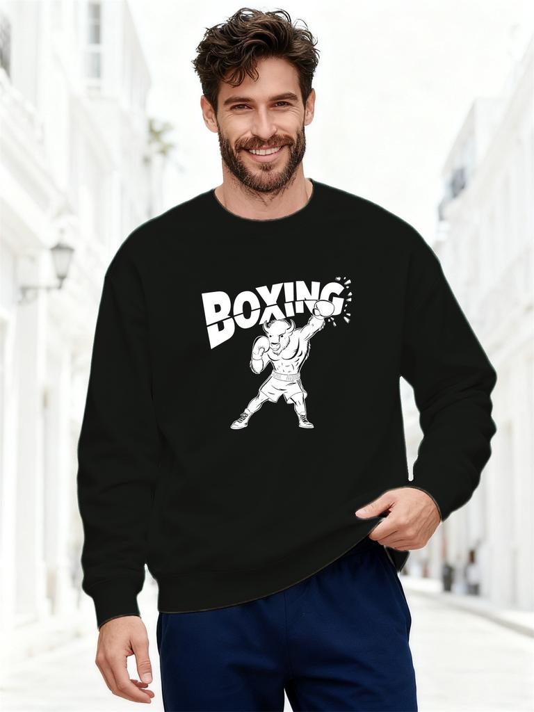 Men'S 100% Cotton Printed Long-Sleeve Crew Neck Pullover Boxing Buffalo Pattern Casual Round Neck Sweatshirt, Plus Size