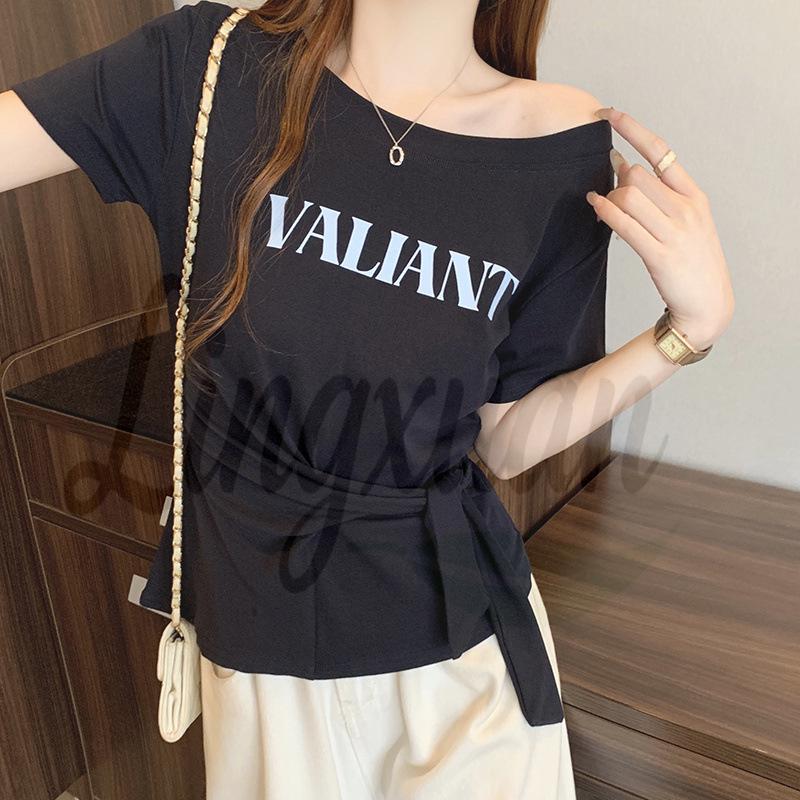 2026 Summer Plus Size Women s Chic Letter Print Tie-up Short Sleeve T-shirt 3XL темно-синий