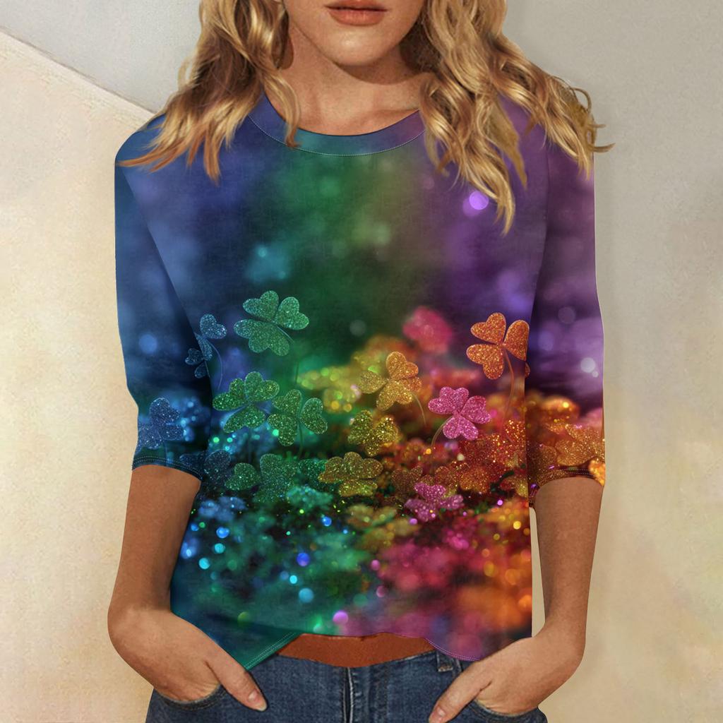 Damenoberteile Dreiviertelarmshirt Rundhalsausschnitt Lockeres Freizeitshirt Druck T-Shirt