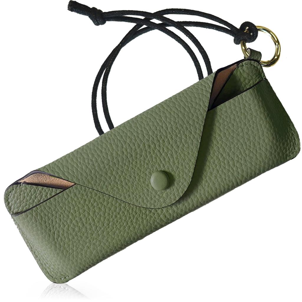 LASIEM and Eyeglass Leather Sunglasses Green (Lasiemu) [Slim Portable] Case, Women's Leather, Compact, Case, Slim, Neck-Mountable, Soft, Lightweight,