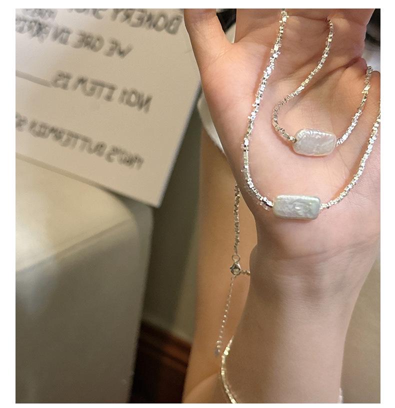 Korean Geometric S925 Sterling Silver Pearl Necklace - Irregular Layered Clavicle Chain